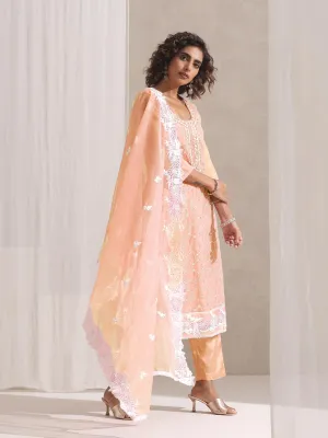 3 Pc SET - Peach Beaded and Embroidered Organza Kurta and Border Dupatta with Pyjama