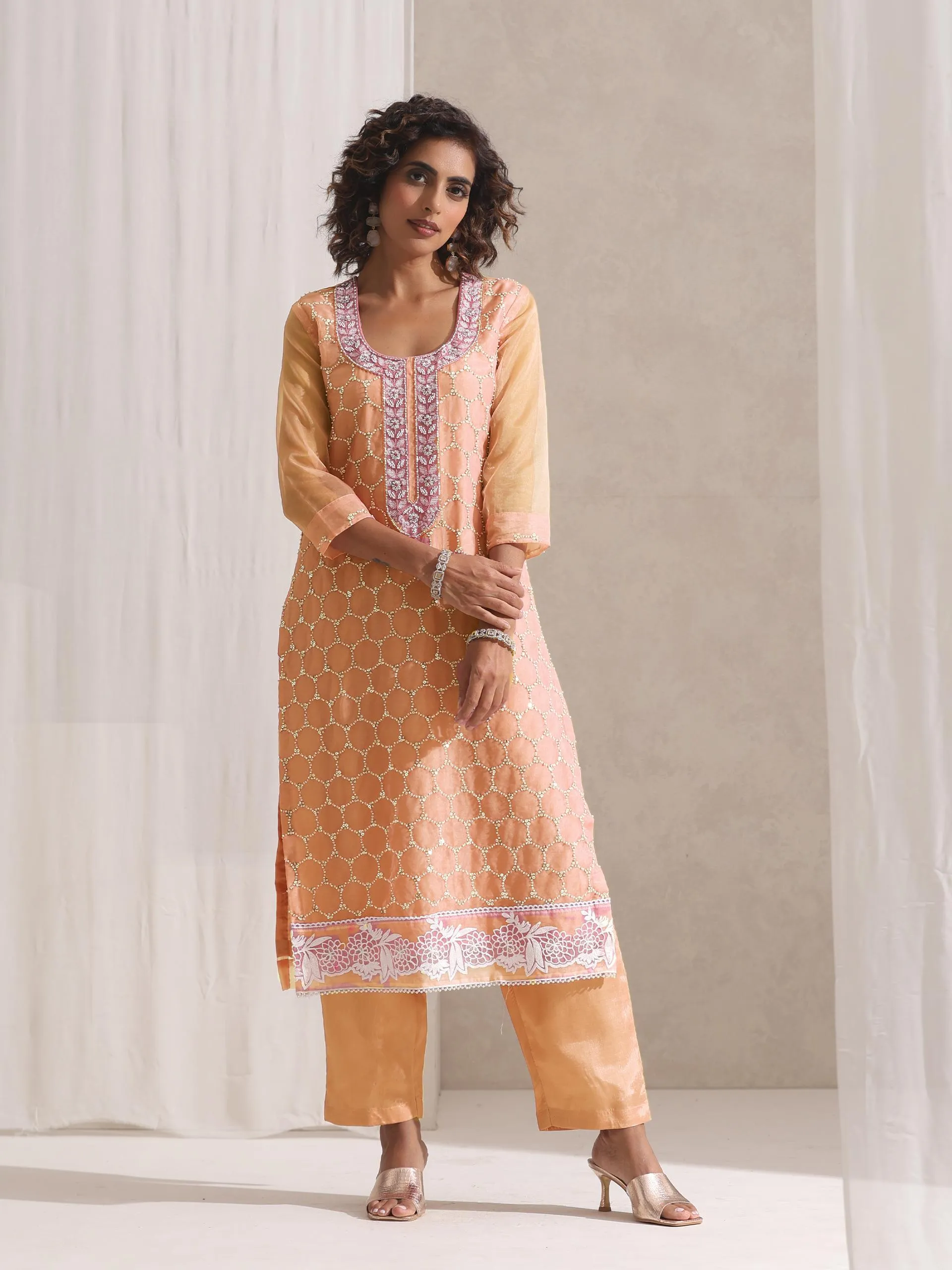 3 Pc SET - Peach Beaded and Embroidered Organza Kurta and Border Dupatta with Pyjama