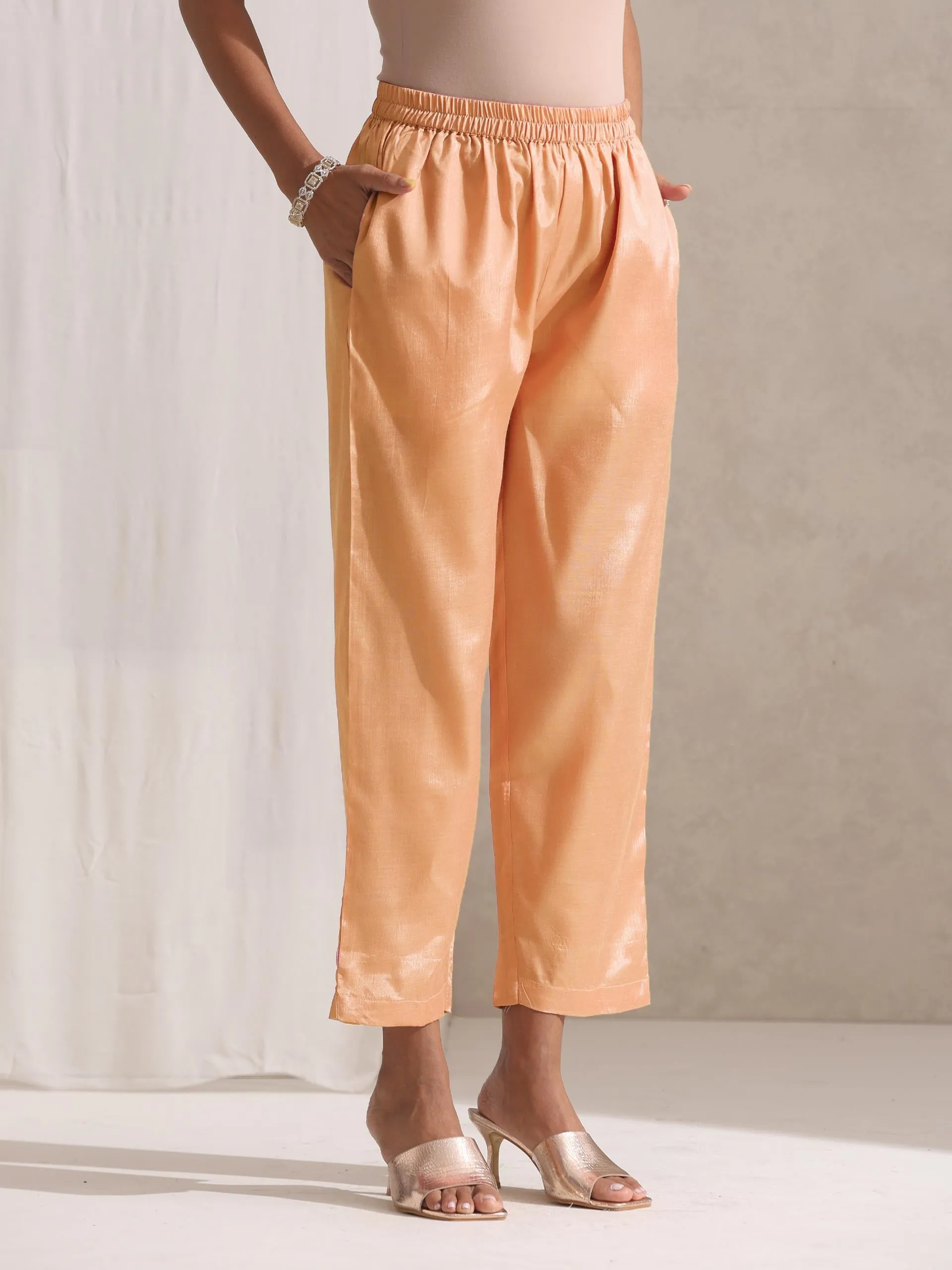 3 Pc SET - Peach Beaded and Embroidered Organza Kurta and Border Dupatta with Pyjama