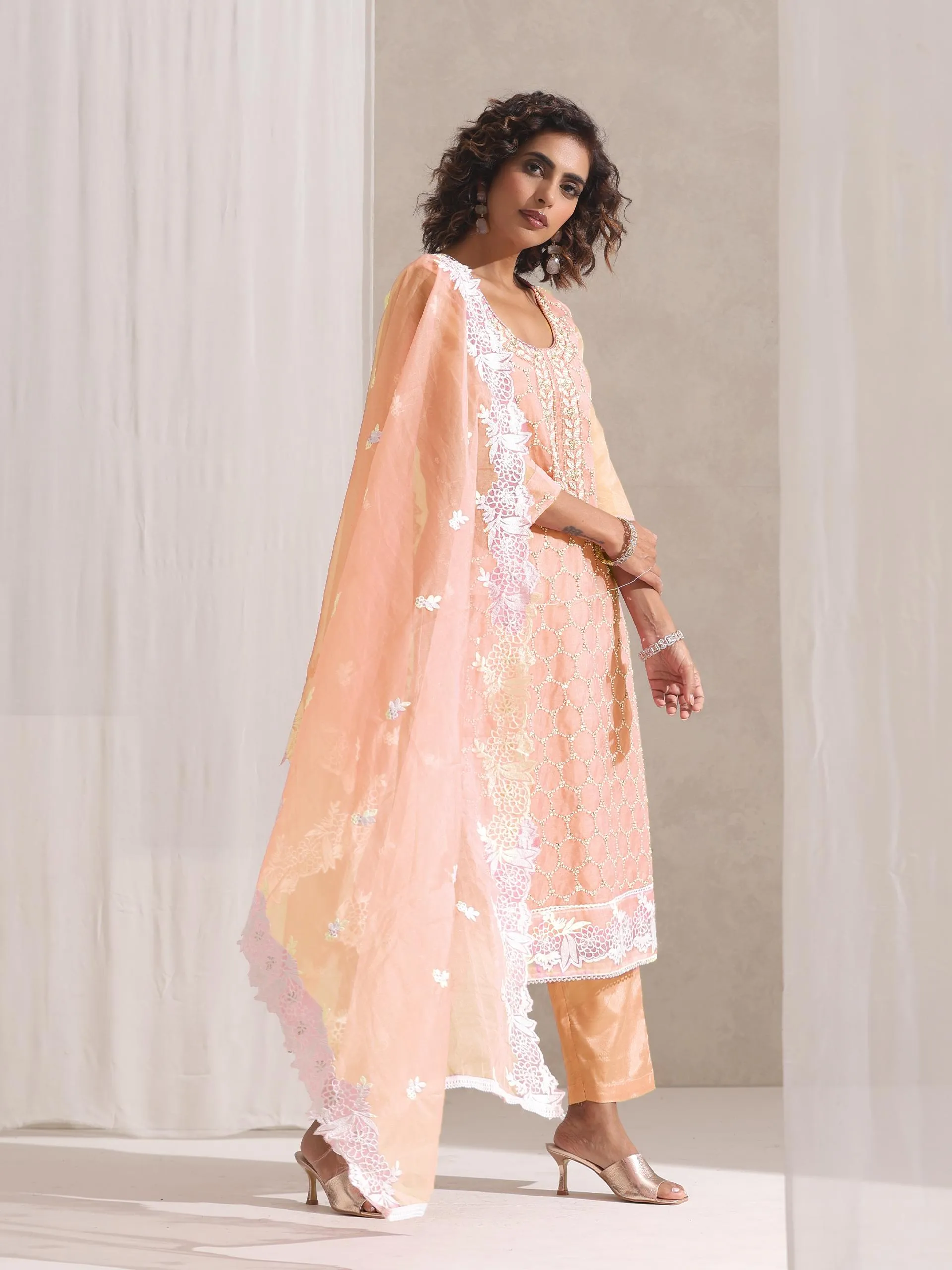 3 Pc SET - Peach Beaded and Embroidered Organza Kurta and Border Dupatta with Pyjama