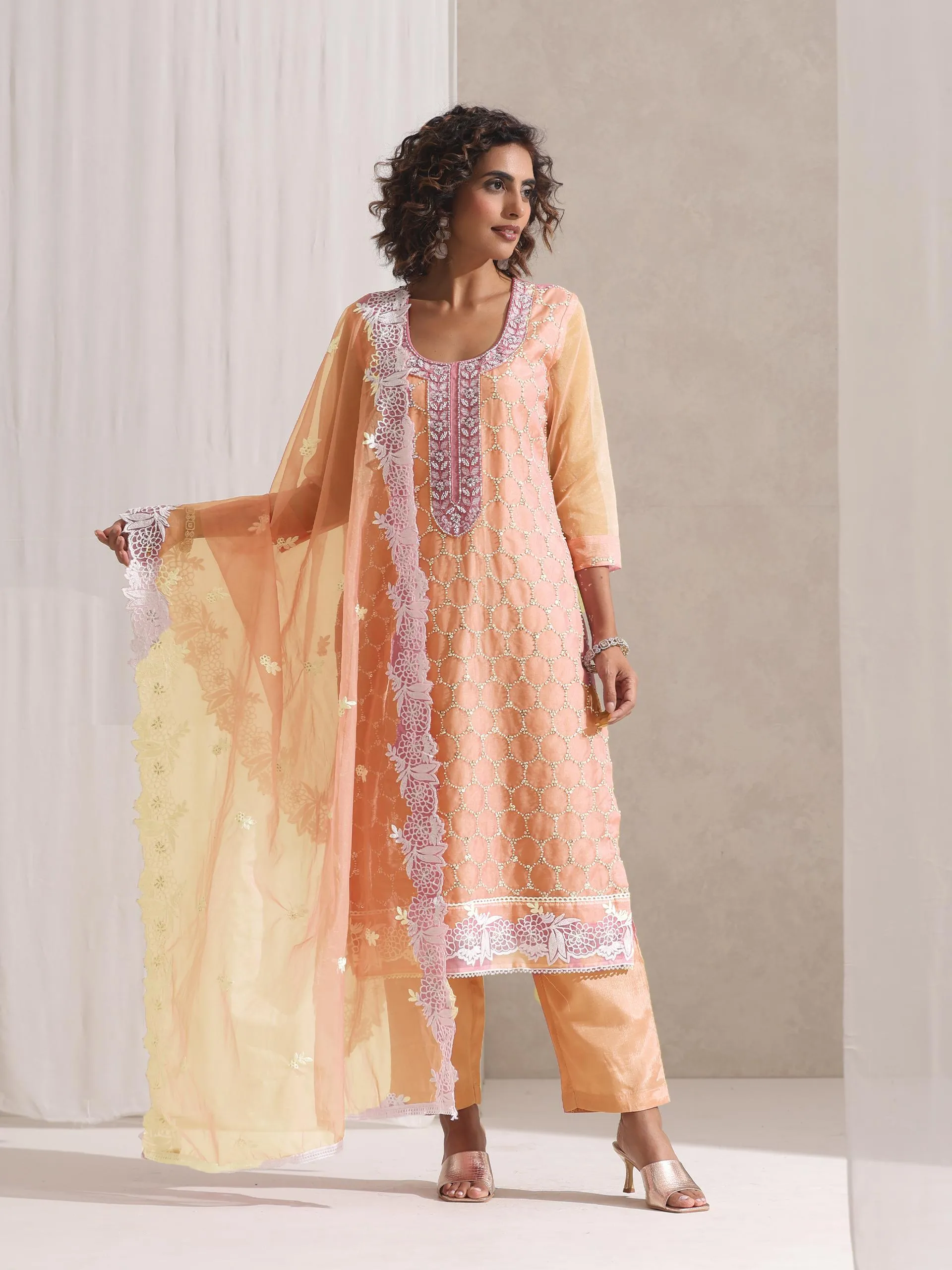3 Pc SET - Peach Beaded and Embroidered Organza Kurta and Border Dupatta with Pyjama