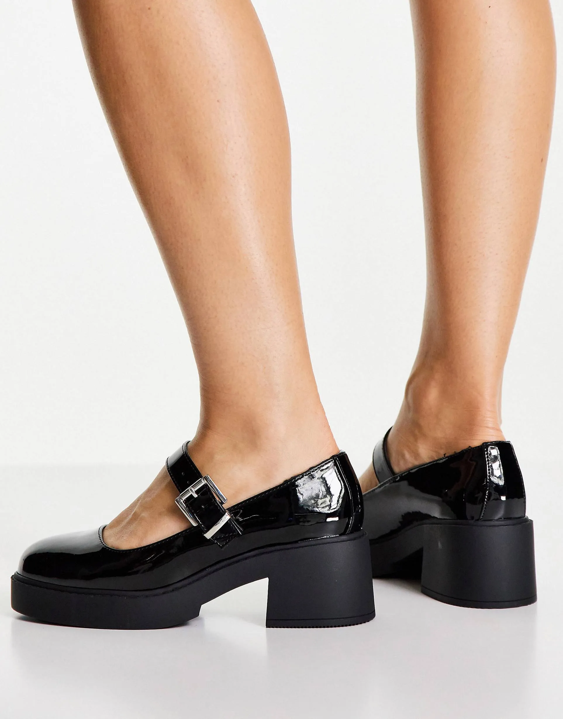 Asos Sebi Black Patent Fashion Buckle Mary Jane Rounded Toe Chunky Heel Loafers