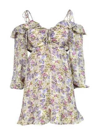 ASTR the Label - Beige & Multicolor Floral Print Dress w/ Cold Shoulder Cutouts Sz XS