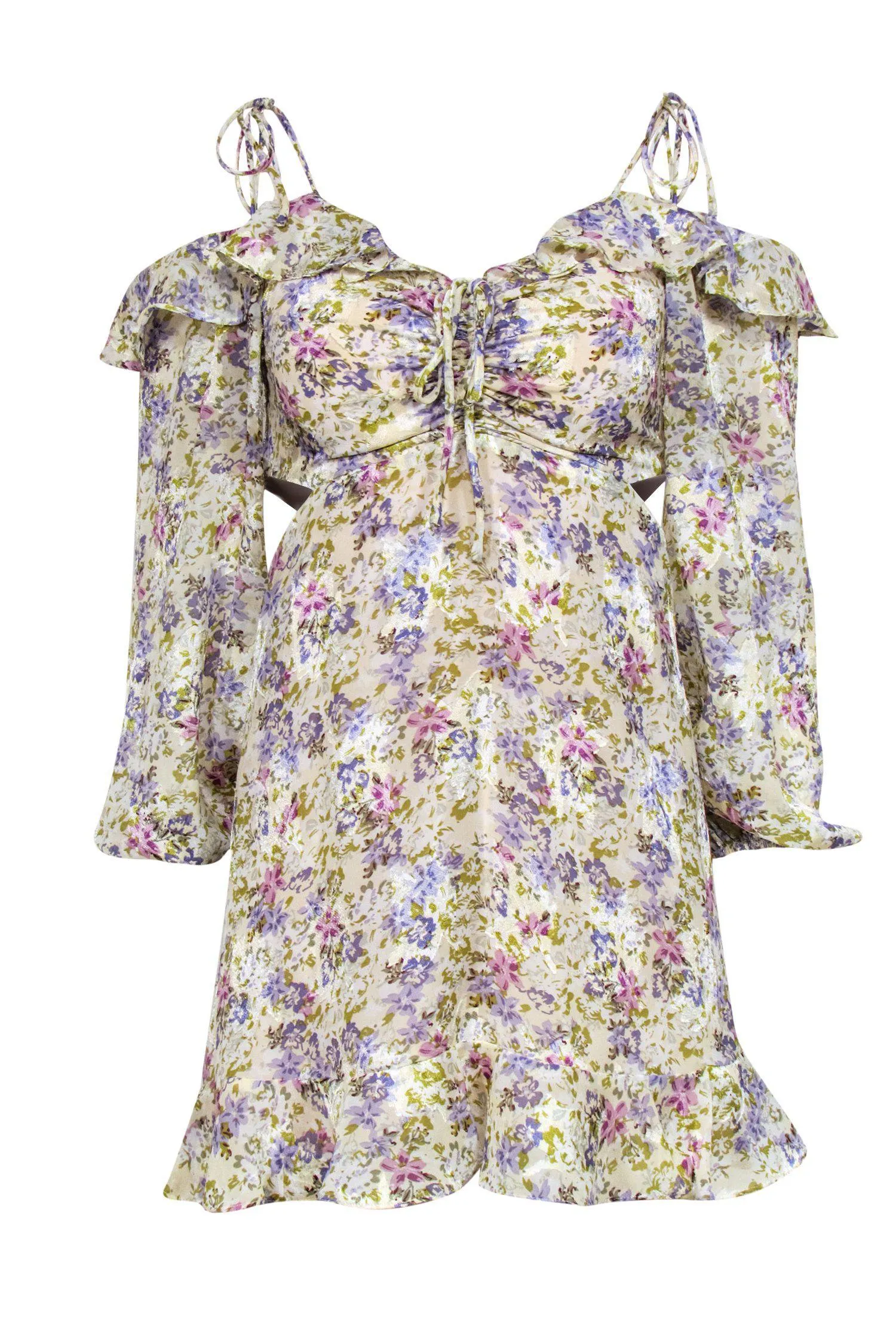 ASTR the Label - Beige & Multicolor Floral Print Dress w/ Cold Shoulder Cutouts Sz XS