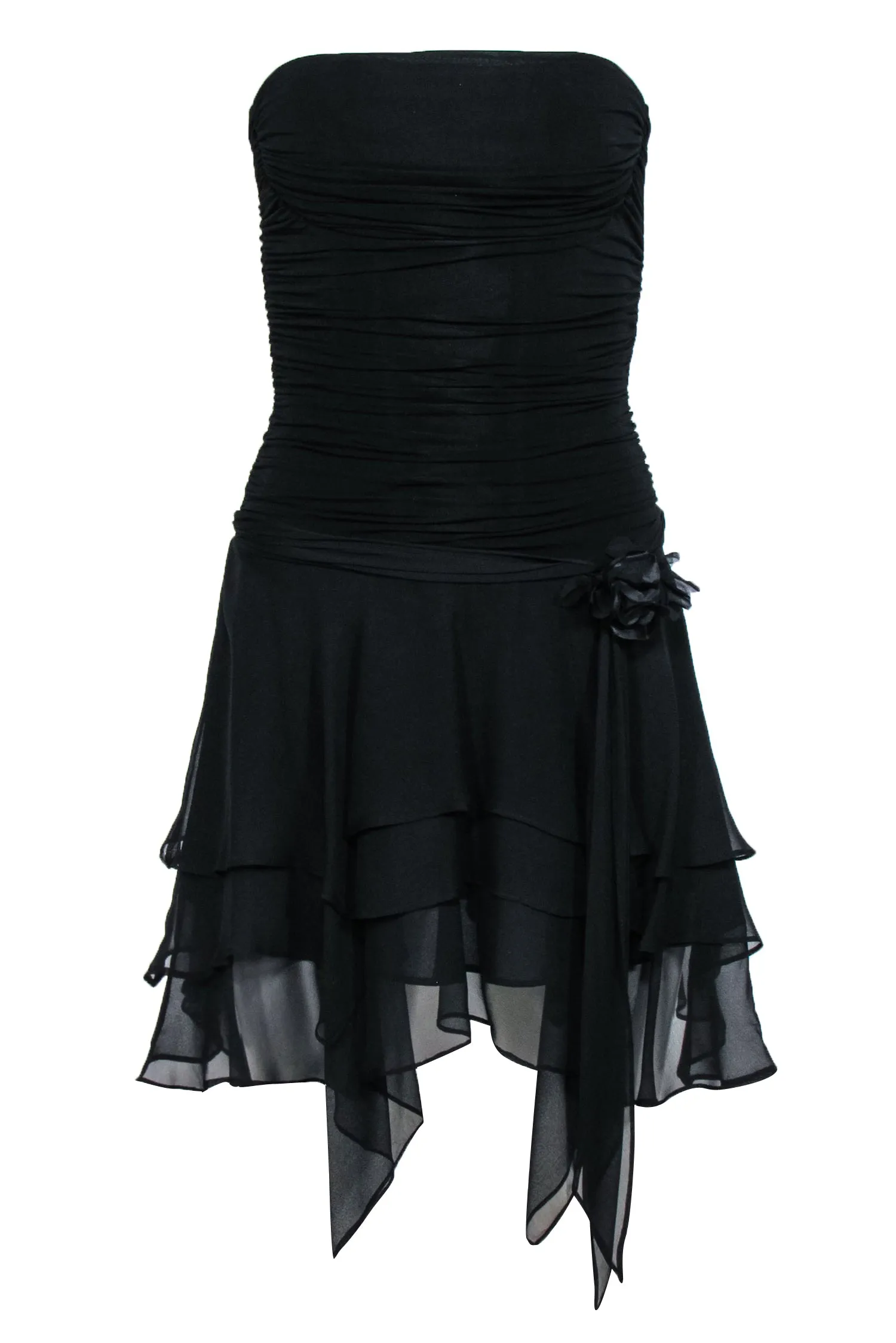 BCBG Max Azria - Black Strapless Mini Dress w/ Handkerchief Hem Size XS