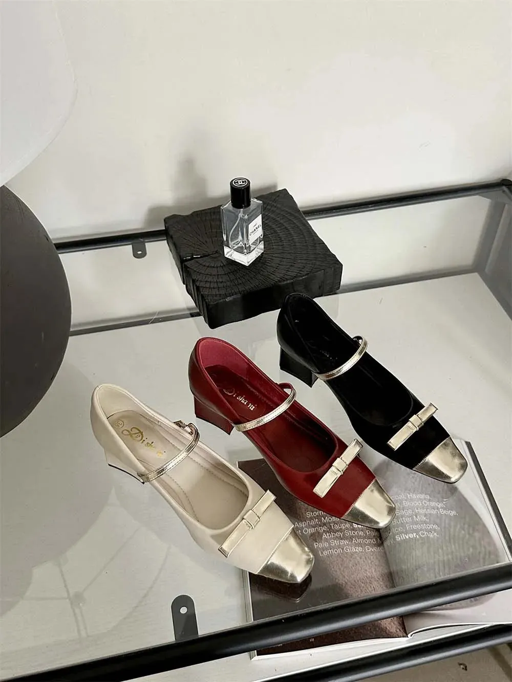 binfenxie  -  Patent Leather Women Loafers Daily Shoes Bow design Black Red White Flat Mid Heeled Dress Shoes Woman Slip On Party Pumps 35-39