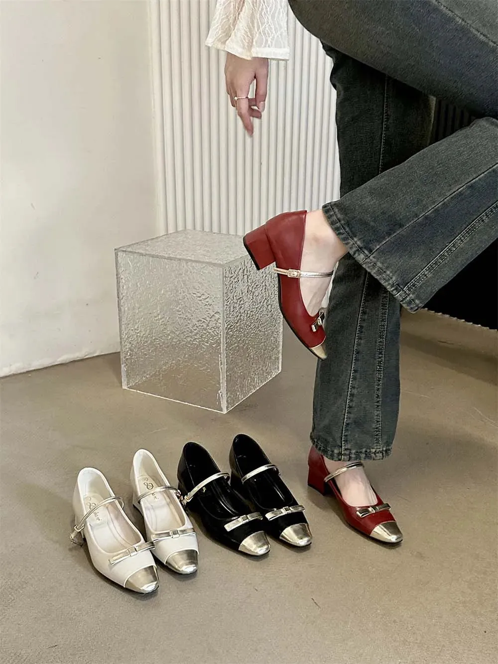 binfenxie  -  Patent Leather Women Loafers Daily Shoes Bow design Black Red White Flat Mid Heeled Dress Shoes Woman Slip On Party Pumps 35-39