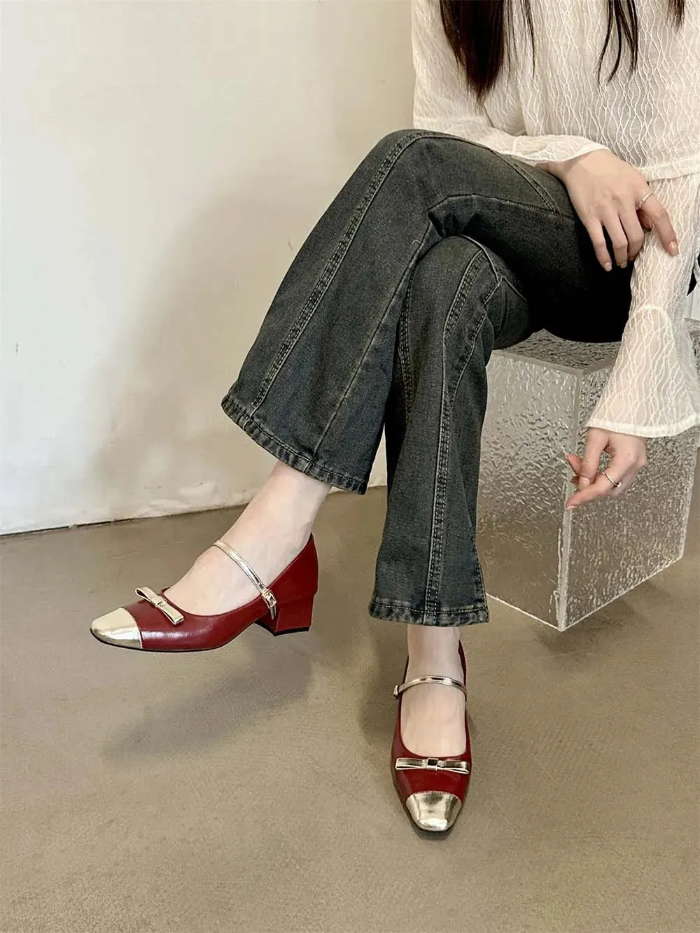 binfenxie  -  Patent Leather Women Loafers Daily Shoes Bow design Black Red White Flat Mid Heeled Dress Shoes Woman Slip On Party Pumps 35-39