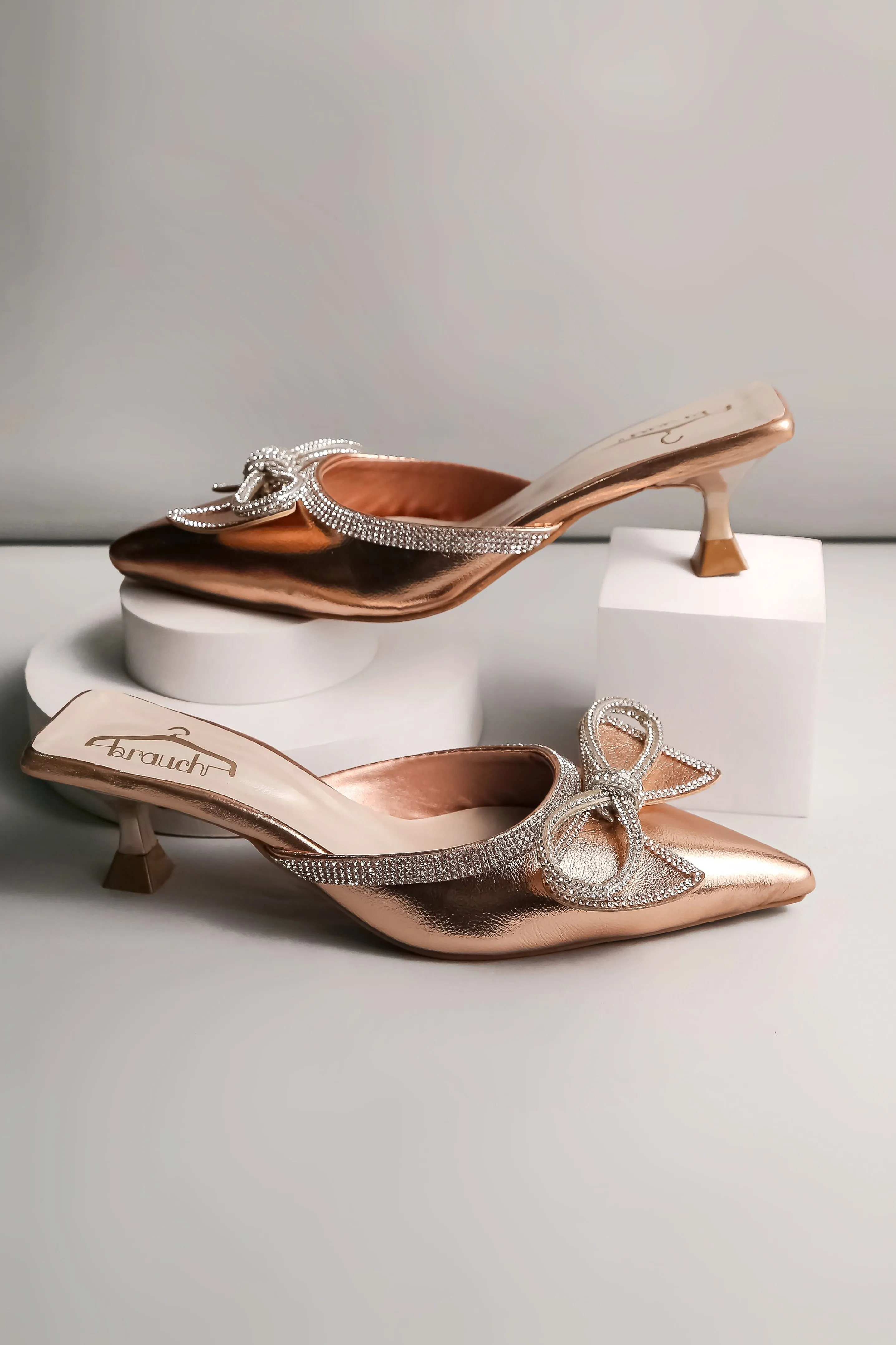 Brauch Rose Gold Embellished Rhinestone Bow Kitten Heel Mules
