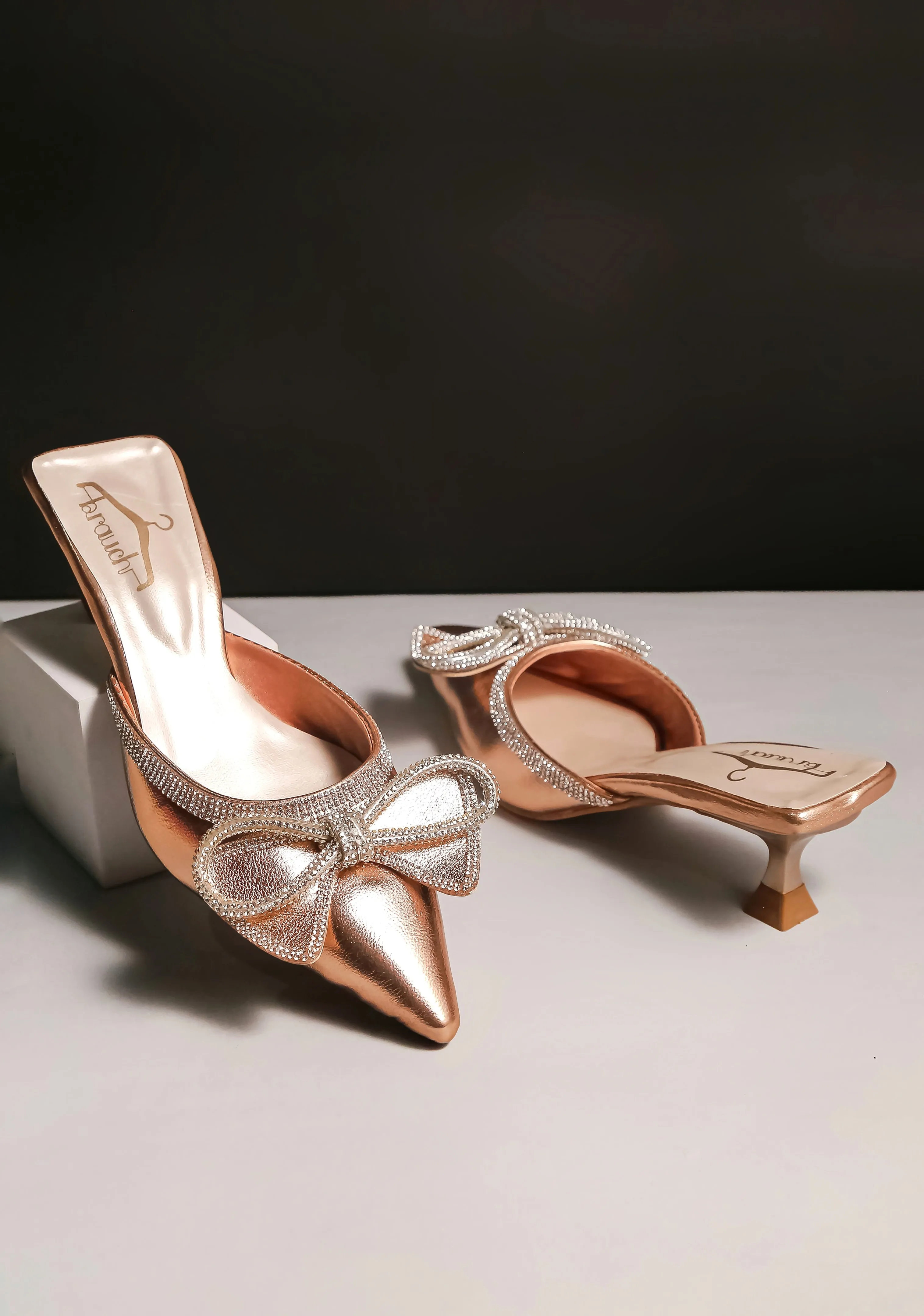 Brauch Rose Gold Embellished Rhinestone Bow Kitten Heel Mules