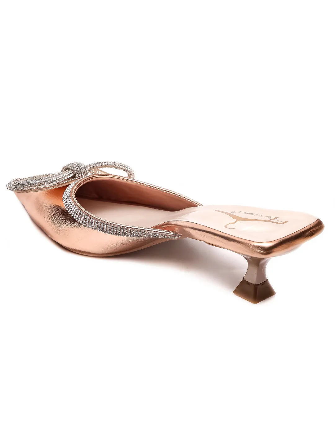 Brauch Rose Gold Embellished Rhinestone Bow Kitten Heel Mules