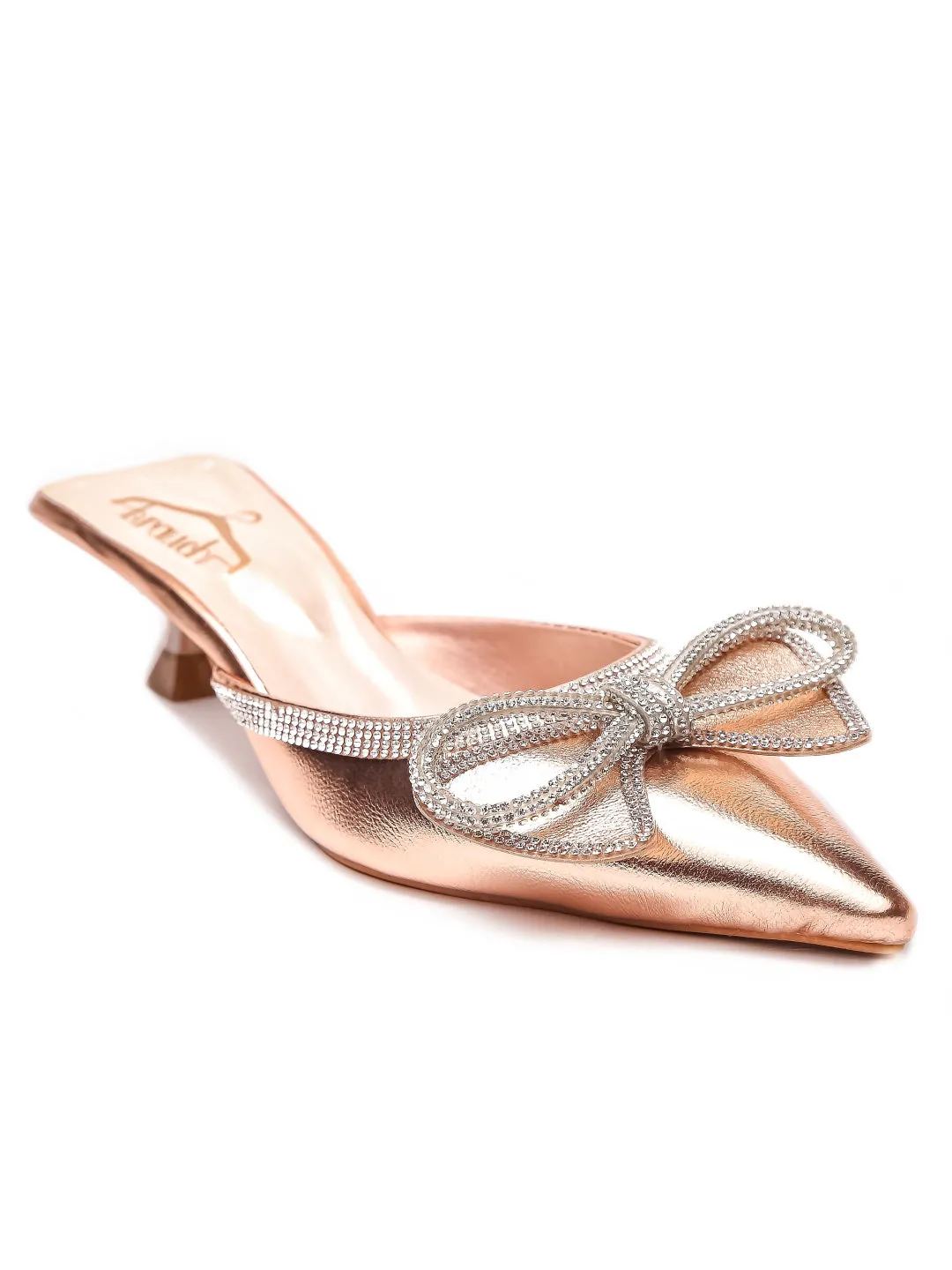 Brauch Rose Gold Embellished Rhinestone Bow Kitten Heel Mules
