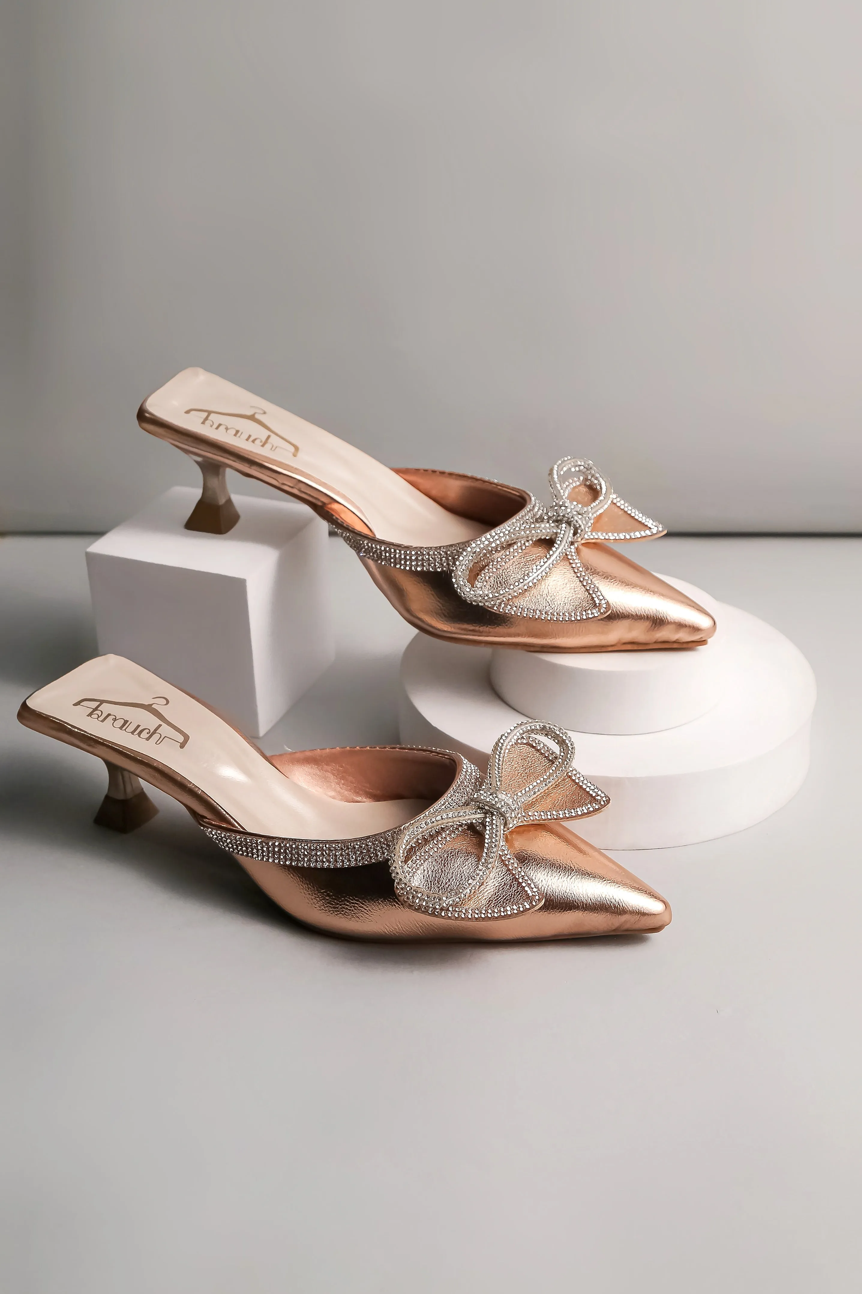 Brauch Rose Gold Embellished Rhinestone Bow Kitten Heel Mules