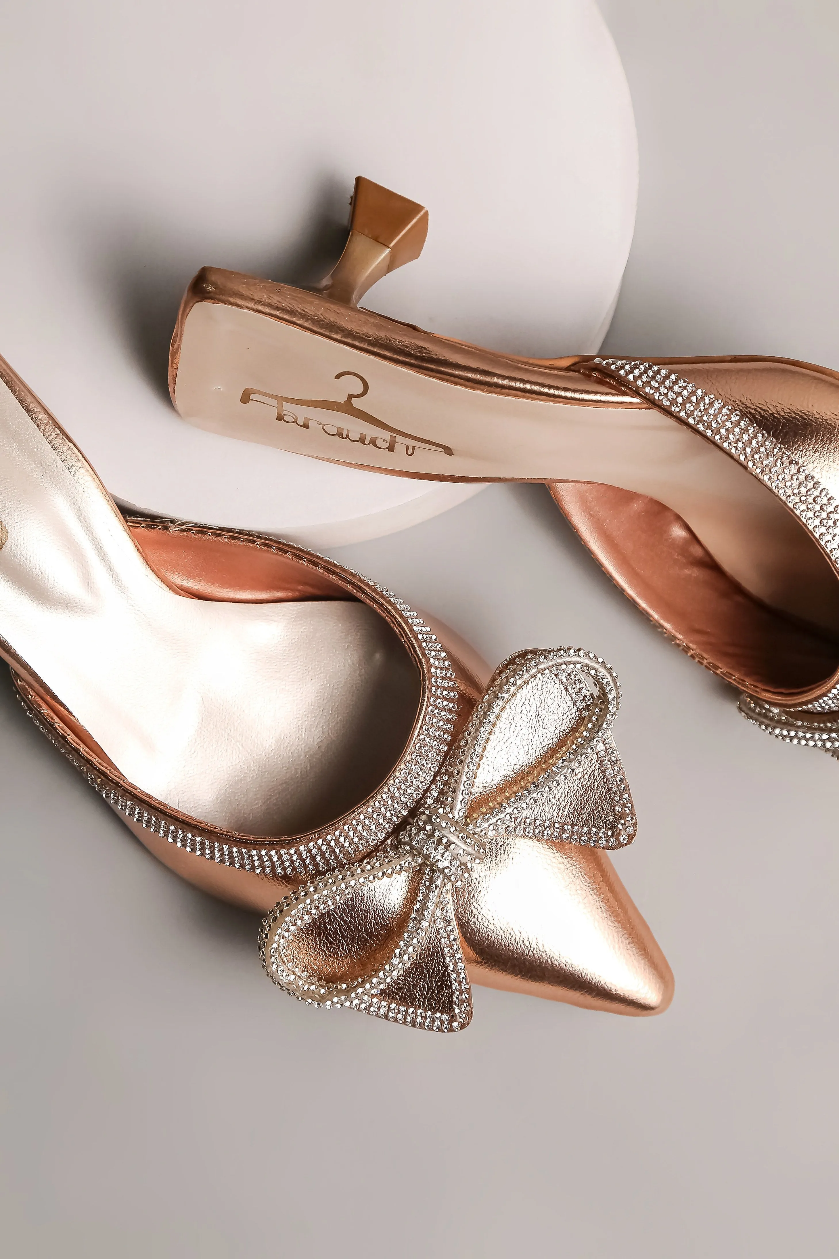 Brauch Rose Gold Embellished Rhinestone Bow Kitten Heel Mules