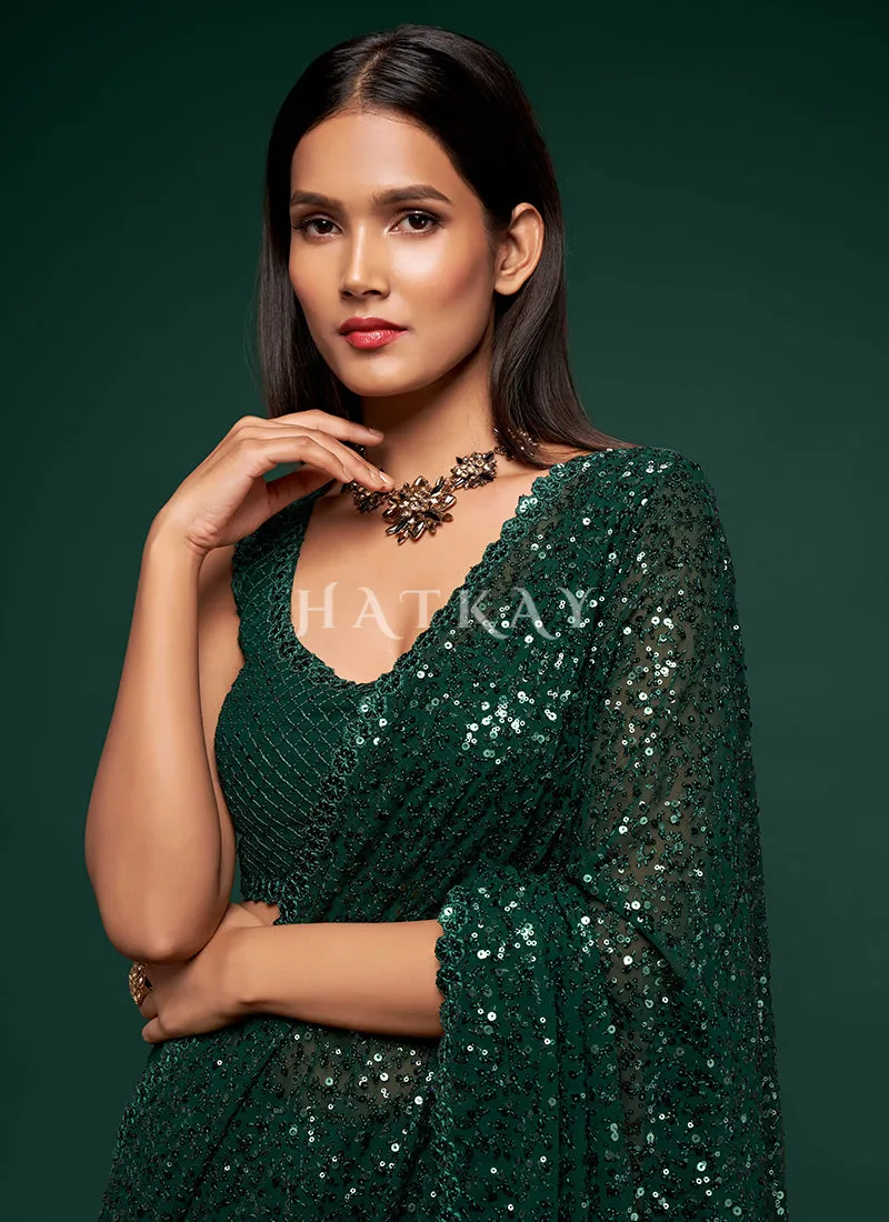 Deep Green Sequins Embroidery Georgette Saree