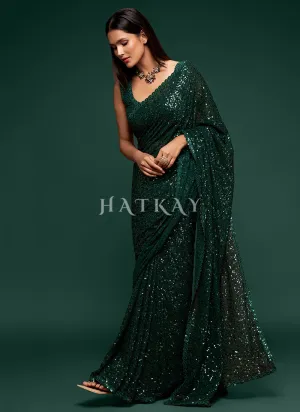 Deep Green Sequins Embroidery Georgette Saree