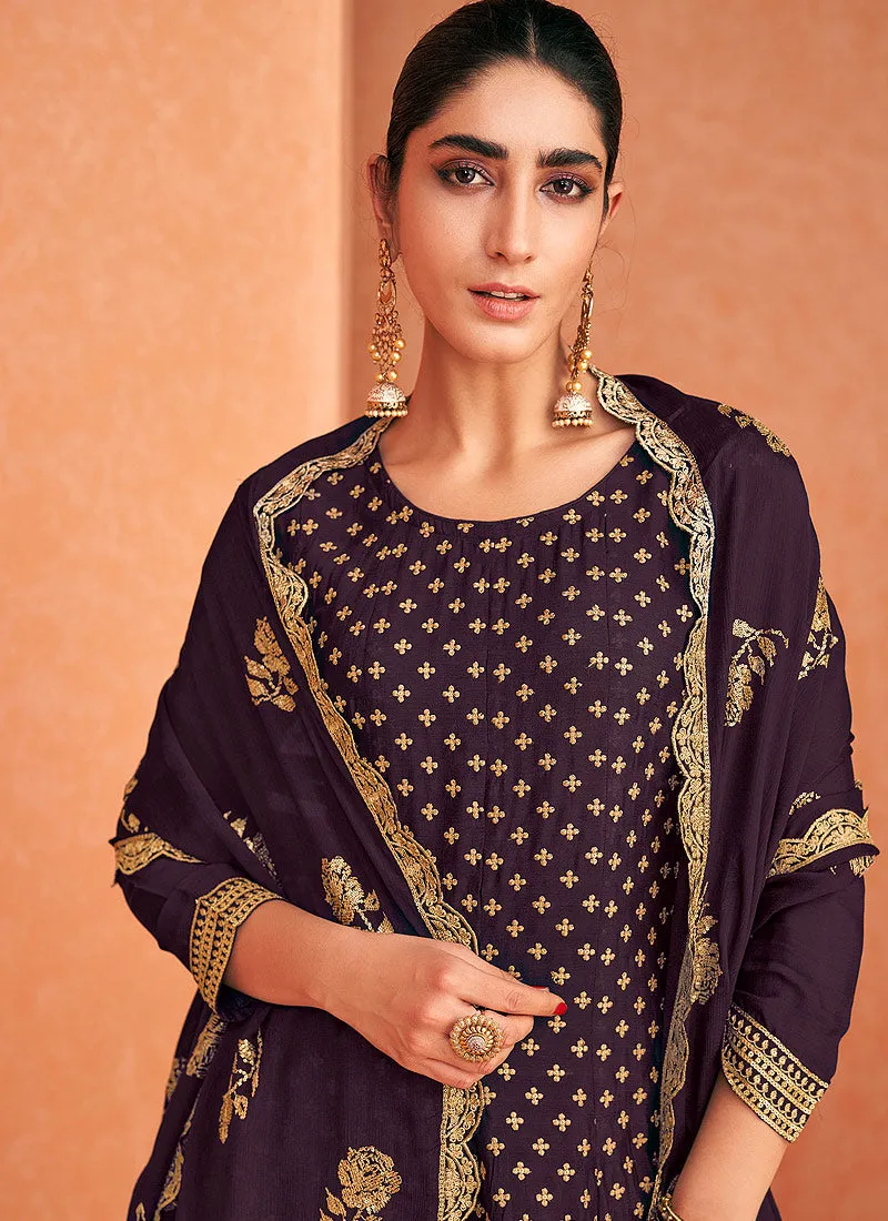 Deep Wine Embroidered Designer Sharara Suit