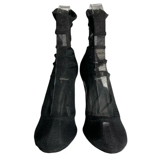 DOLCE & GABBANA Black Stretch Tulle Leather Ankle Boots, Size 39