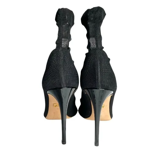 DOLCE & GABBANA Black Stretch Tulle Leather Ankle Boots, Size 39