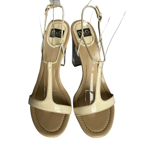 DOLCE & GABBANA Ivory Patent Leather Silver Block Heel T-Strap Sandals, 37.5