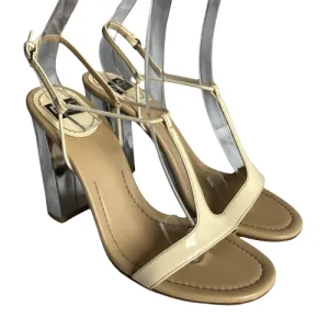 DOLCE & GABBANA Ivory Patent Leather Silver Block Heel T-Strap Sandals, 37.5