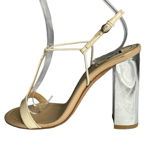 DOLCE & GABBANA Ivory Patent Leather Silver Block Heel T-Strap Sandals, 37.5