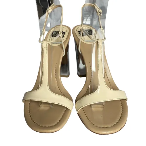DOLCE & GABBANA Ivory Patent Leather Silver Block Heel T-Strap Sandals, 37.5