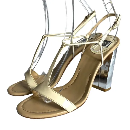 DOLCE & GABBANA Ivory Patent Leather Silver Block Heel T-Strap Sandals, 37.5