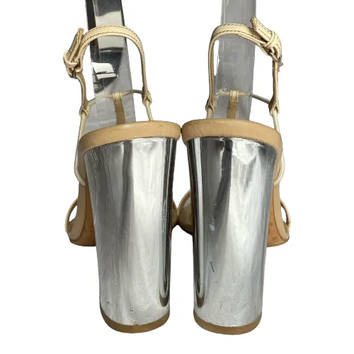 DOLCE & GABBANA Ivory Patent Leather Silver Block Heel T-Strap Sandals, 37.5