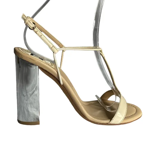 DOLCE & GABBANA Ivory Patent Leather Silver Block Heel T-Strap Sandals, 37.5