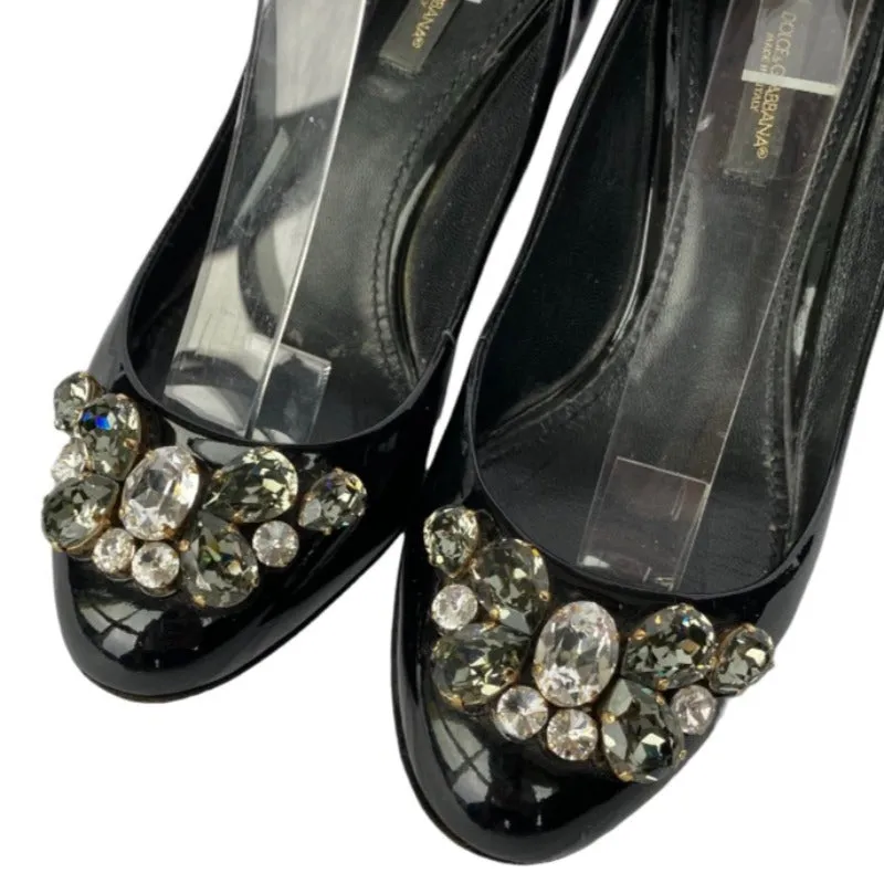 DOLCE&GABBANA Black Patent Leather with Rhinestone Buckle Low Heel Pumps, Size 36