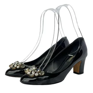 DOLCE&GABBANA Black Patent Leather with Rhinestone Buckle Low Heel Pumps, Size 36