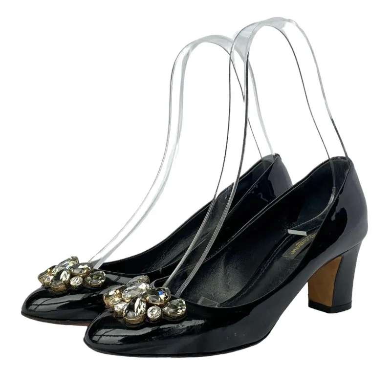 DOLCE&GABBANA Black Patent Leather with Rhinestone Buckle Low Heel Pumps, Size 36