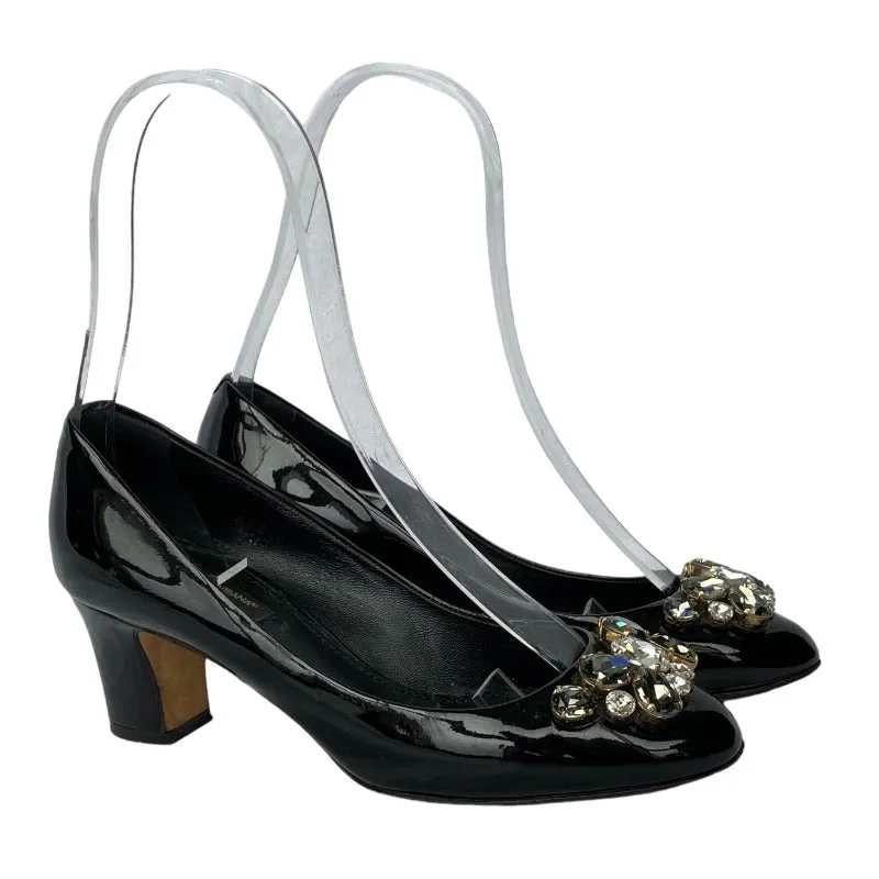 DOLCE&GABBANA Black Patent Leather with Rhinestone Buckle Low Heel Pumps, Size 36