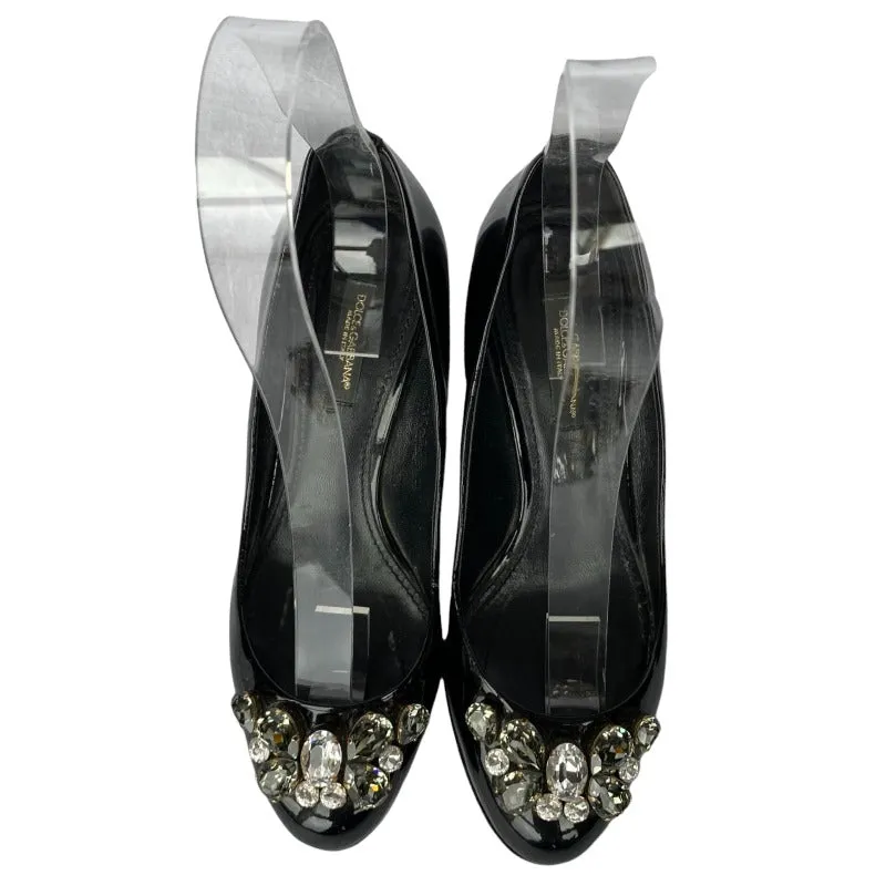 DOLCE&GABBANA Black Patent Leather with Rhinestone Buckle Low Heel Pumps, Size 36