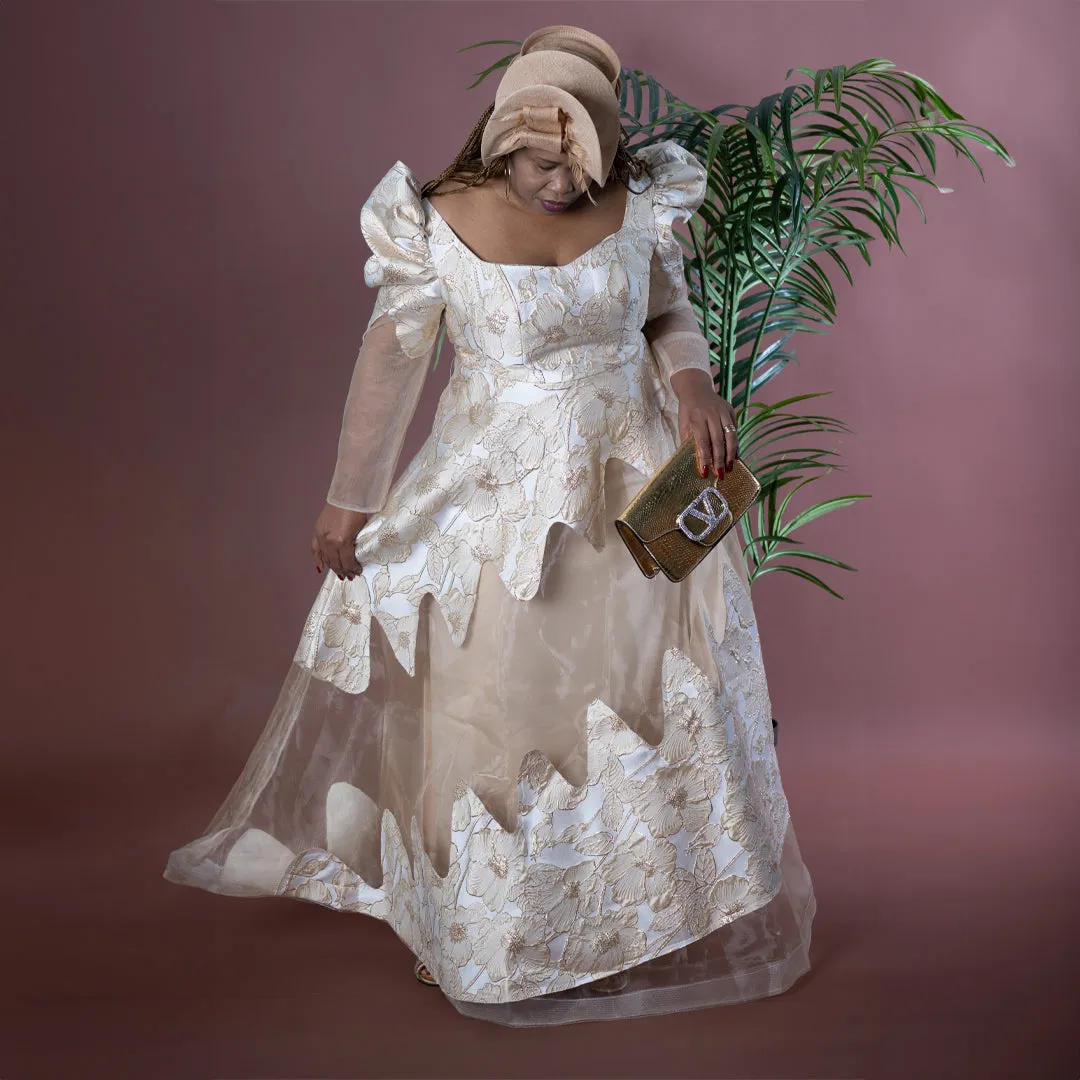 Elegant Fit & Flare Gold Maxi Dress with Jacquard & Mesh Detailing