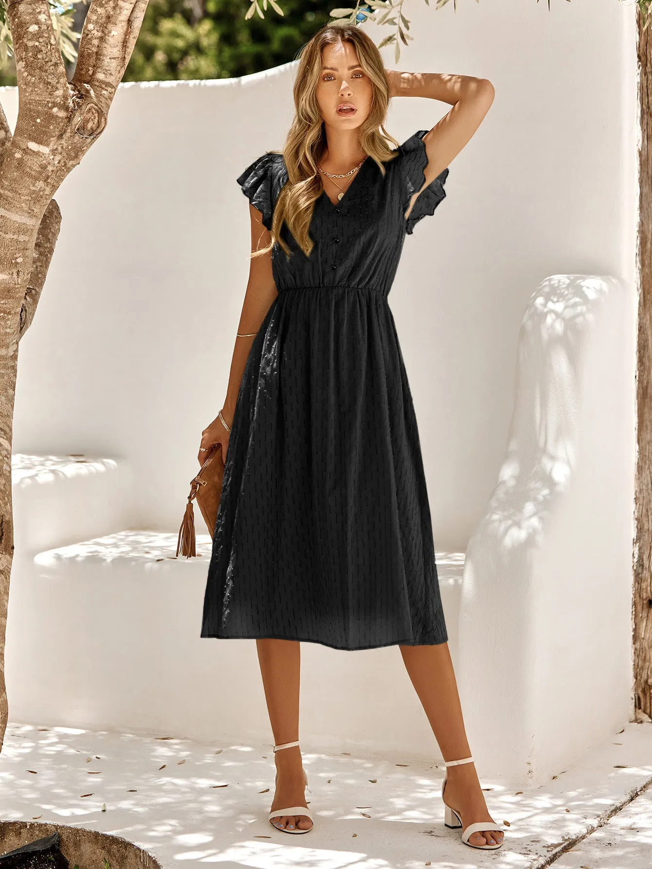 Elegant Ruffle Sleeves White Dress