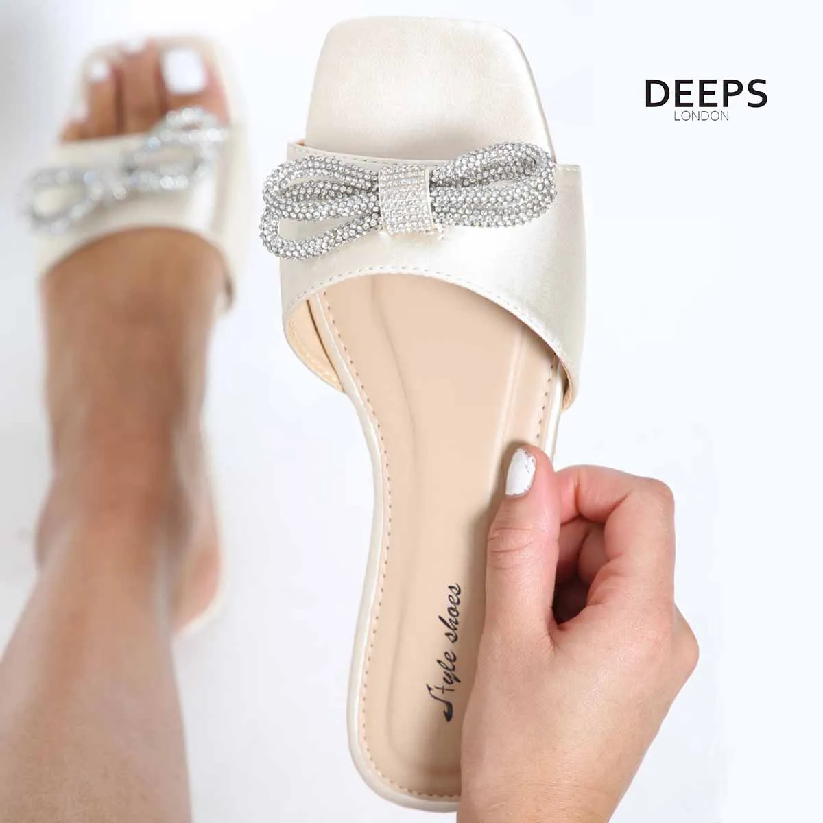 EMANI - WOMEN'S SATIN FLAT FORM SLIDERS WITH DIAMANTE BOW