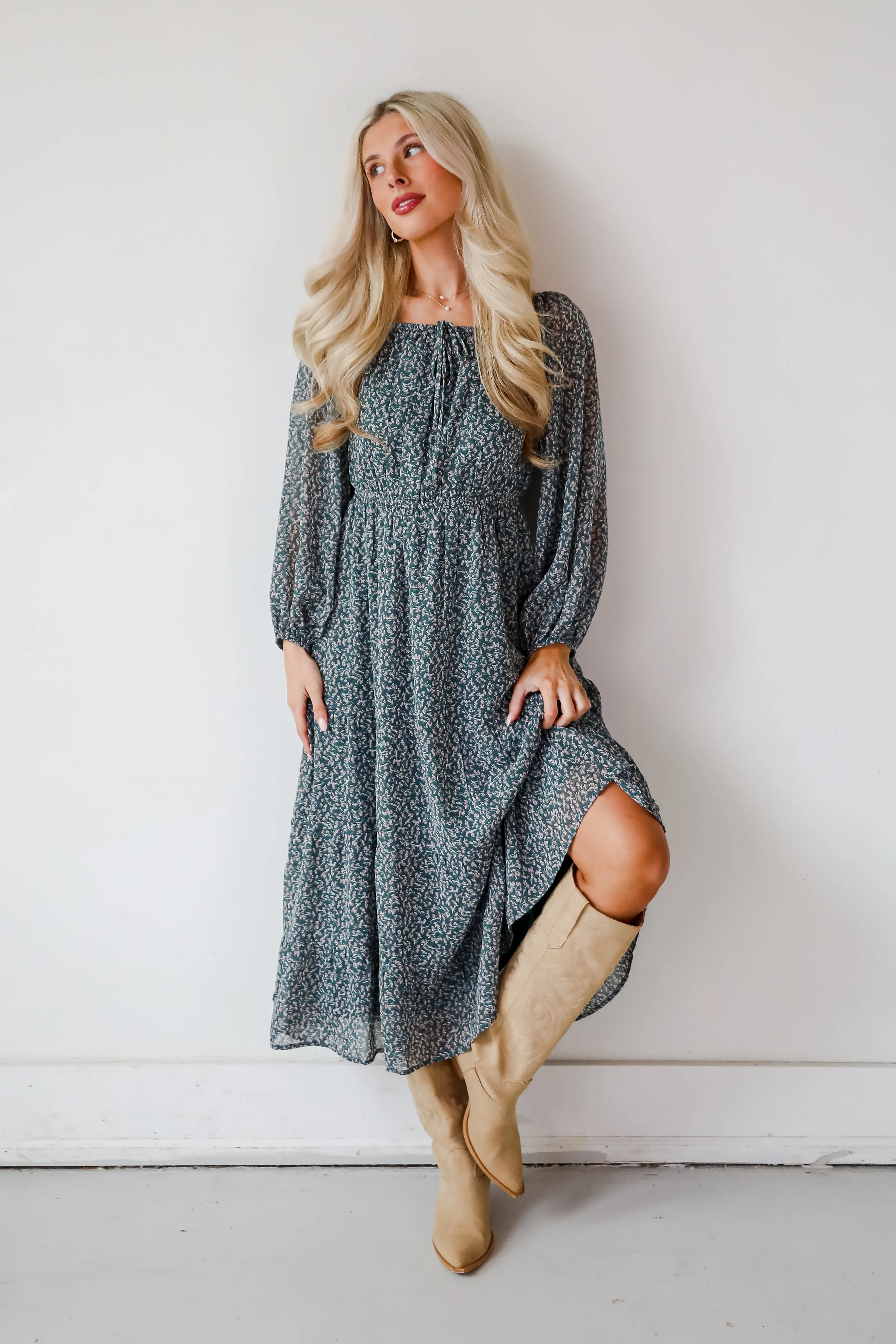 Endlessly Darling Teal Floral Midi Dress