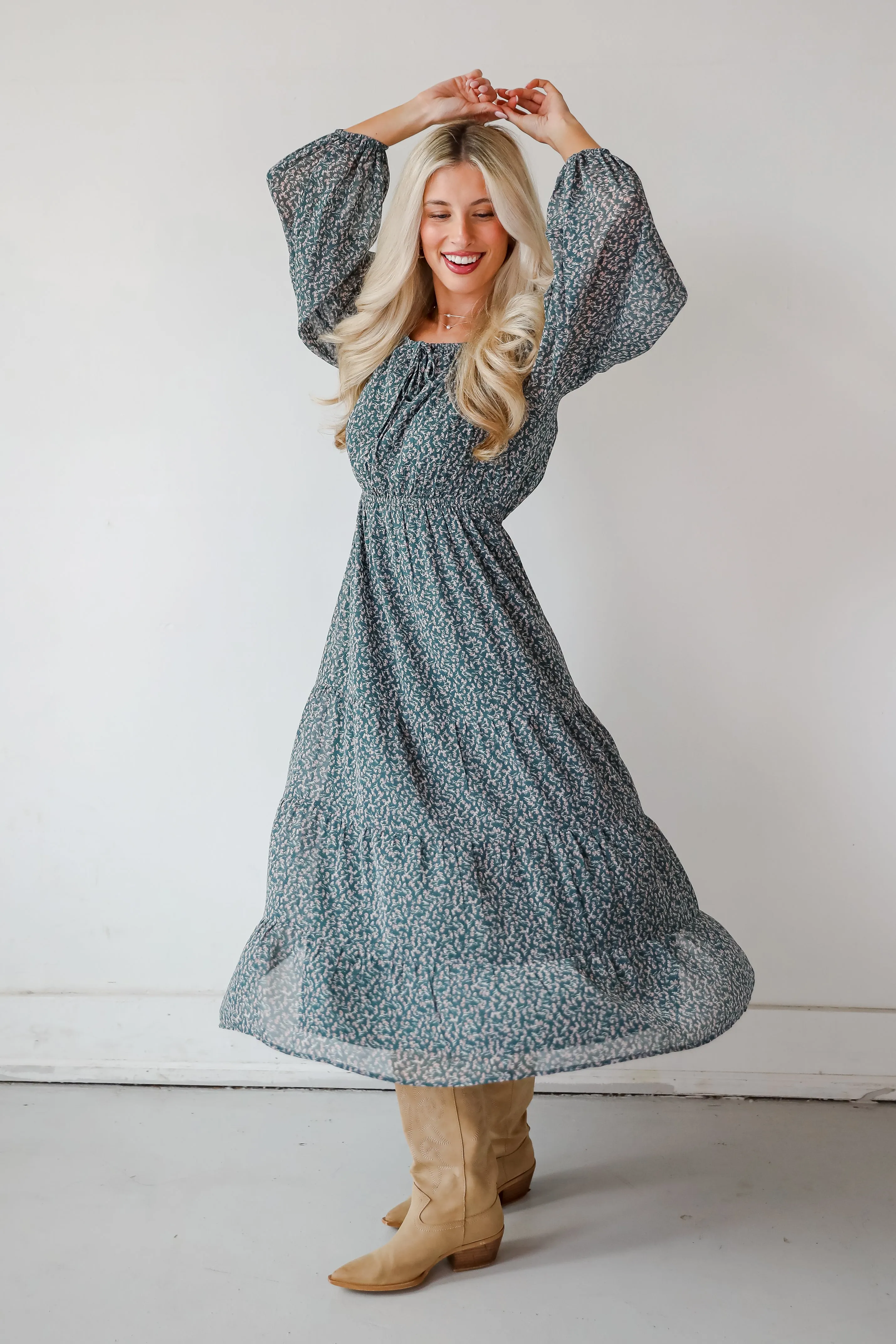 Endlessly Darling Teal Floral Midi Dress