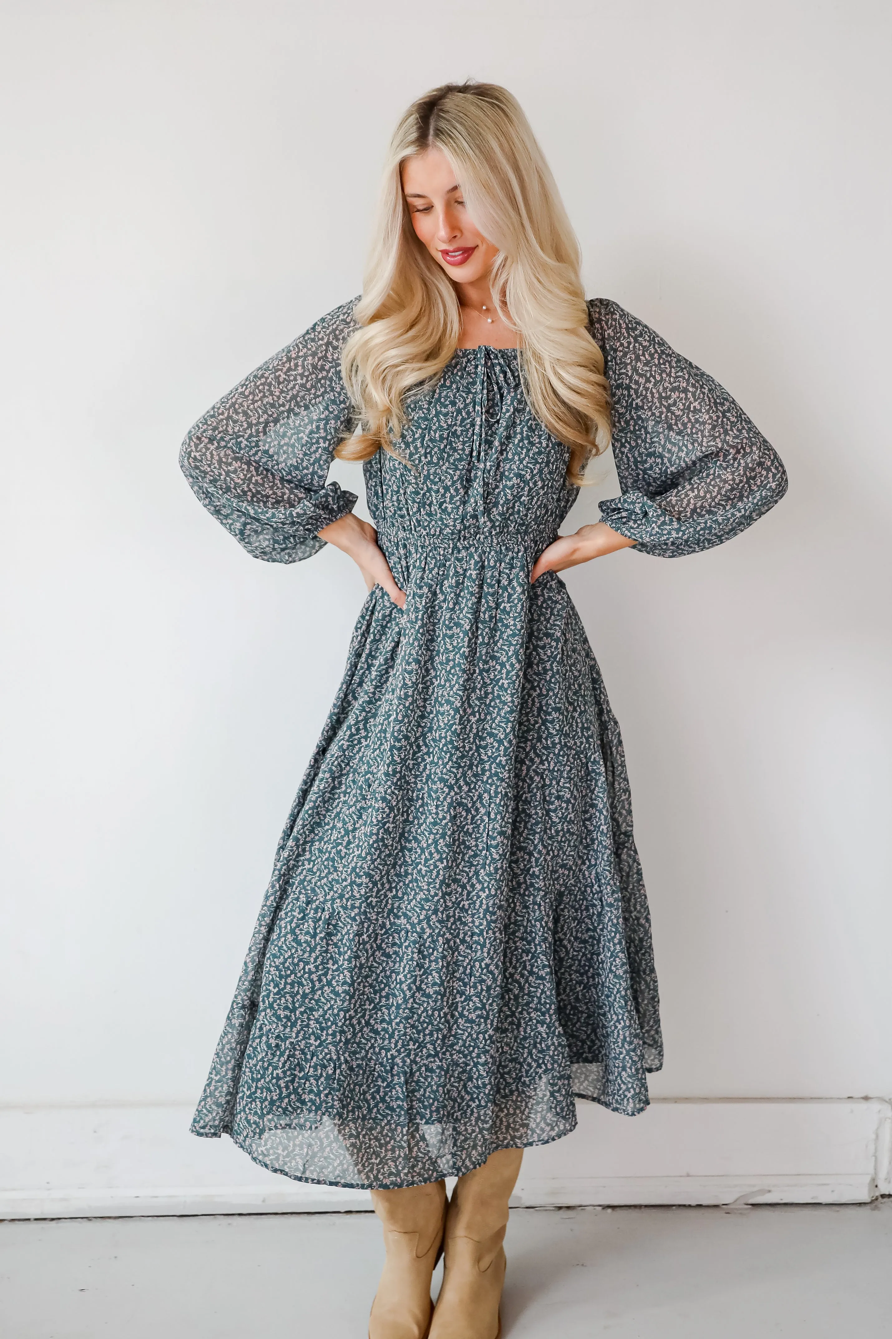 Endlessly Darling Teal Floral Midi Dress