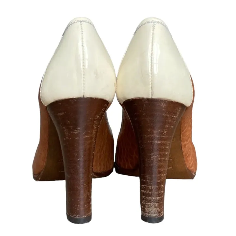 FENDI Brown Leather, Ivory Patent Leather Peep Toe Block Heels Pumps, Size 38.5