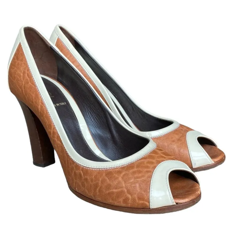 FENDI Brown Leather, Ivory Patent Leather Peep Toe Block Heels Pumps, Size 38.5