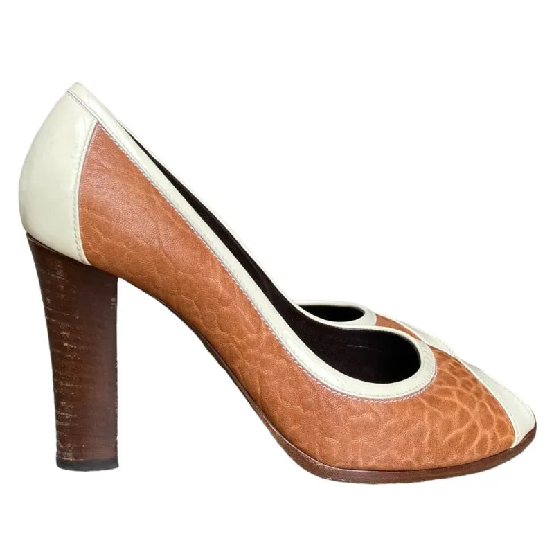 FENDI Brown Leather, Ivory Patent Leather Peep Toe Block Heels Pumps, Size 38.5