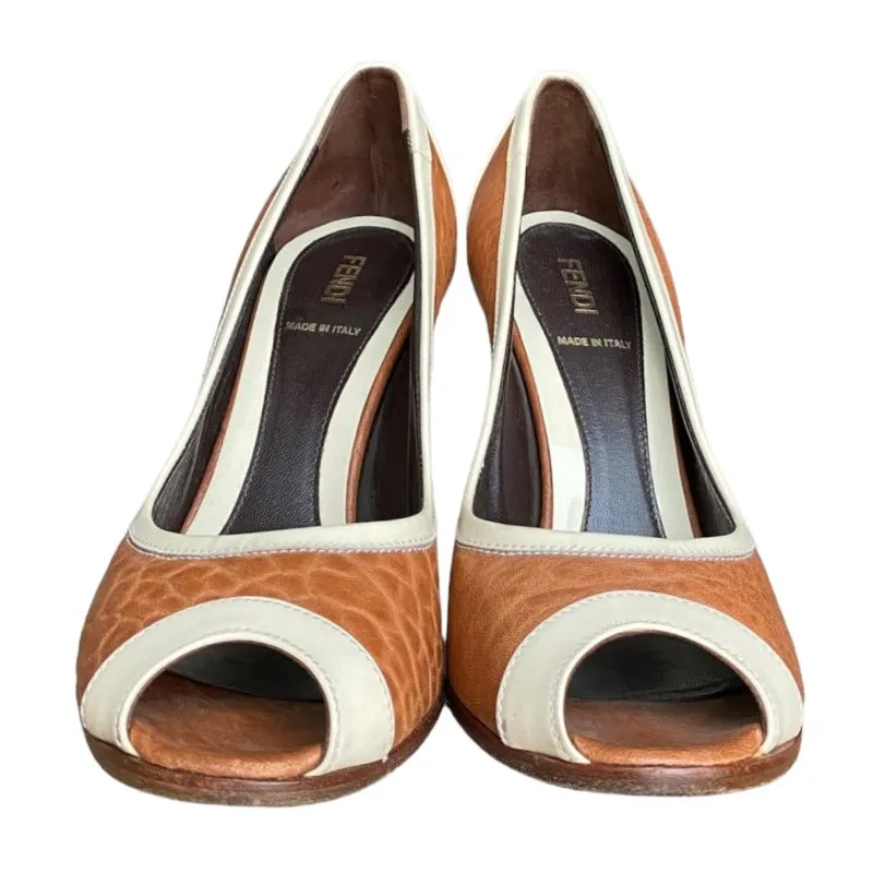 FENDI Brown Leather, Ivory Patent Leather Peep Toe Block Heels Pumps, Size 38.5