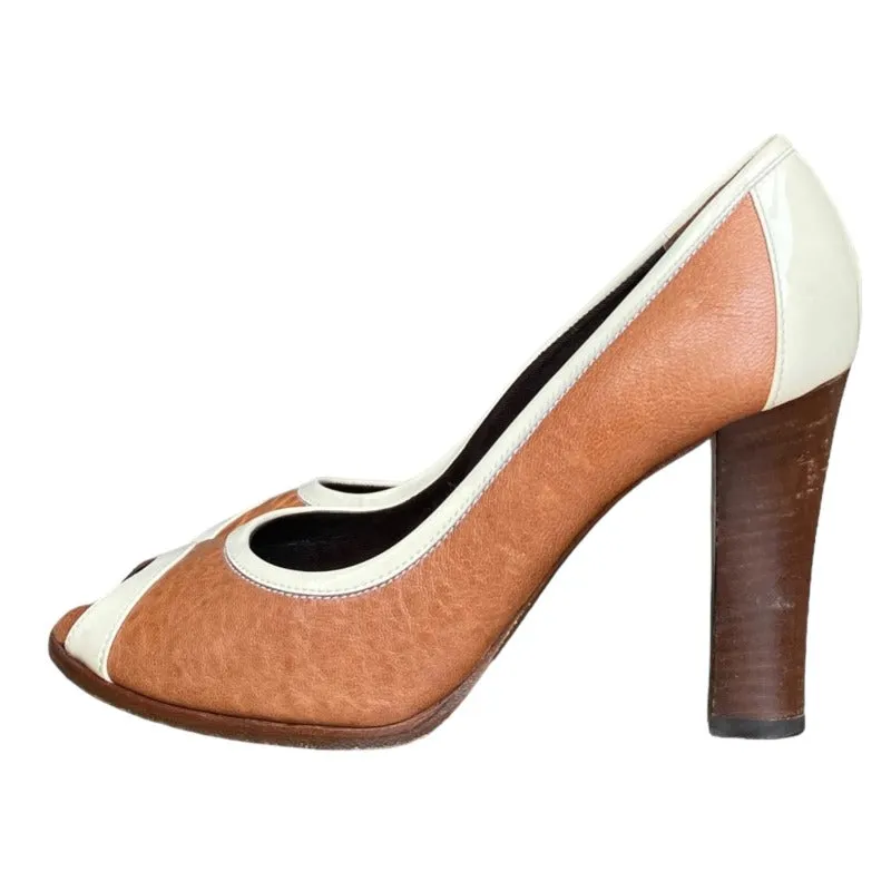FENDI Brown Leather, Ivory Patent Leather Peep Toe Block Heels Pumps, Size 38.5