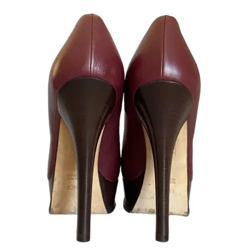 FENDI Burgundy Leather Fendista Wooden Platform Heels Pumps, Size 38