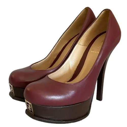 FENDI Burgundy Leather Fendista Wooden Platform Heels Pumps, Size 38