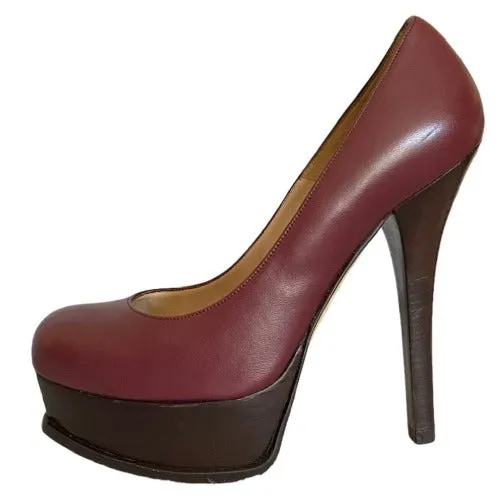FENDI Burgundy Leather Fendista Wooden Platform Heels Pumps, Size 38