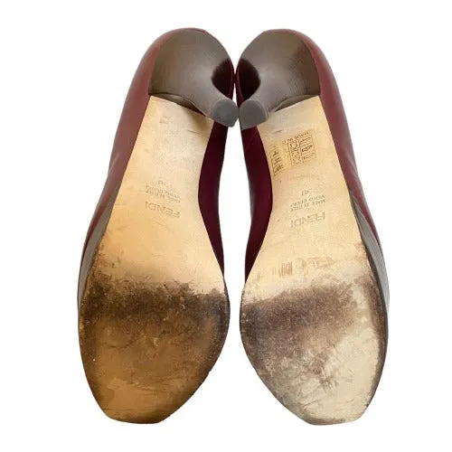 FENDI Burgundy Leather Fendista Wooden Platform Heels Pumps, Size 38